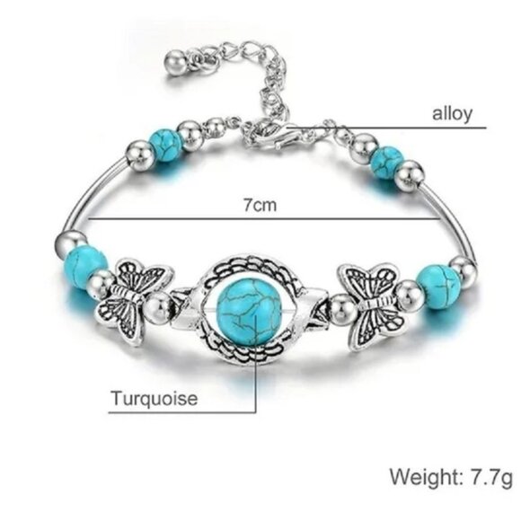Butterfly Bracelet Turquoise Stone Beads and Silver Alloy Women Sz 6.5 to 9 in - Picture 6 of 9